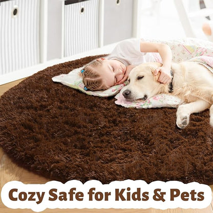Amdrebio Chocolate Brown Shaggy Round Area Rug 5Ft - Image 2