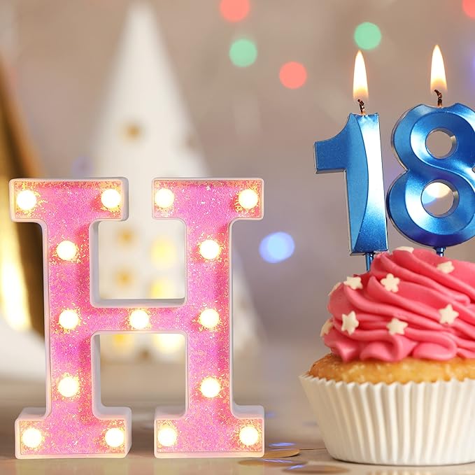 Foaky Pink Light up Letters，Pink Party Decorations,Girls Room Decor,Glitter Light Up Letters,Alphabet Letter Sign for Night Light Birthday Party Girls Gifts, Home Bar Decoration（U）