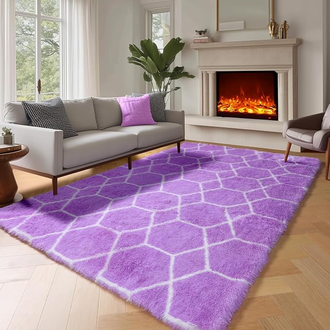 Area Rugs for Bedroom, 4x6 Fluffy Carpet Purple and White Geometric Rug | Boho - Image 5