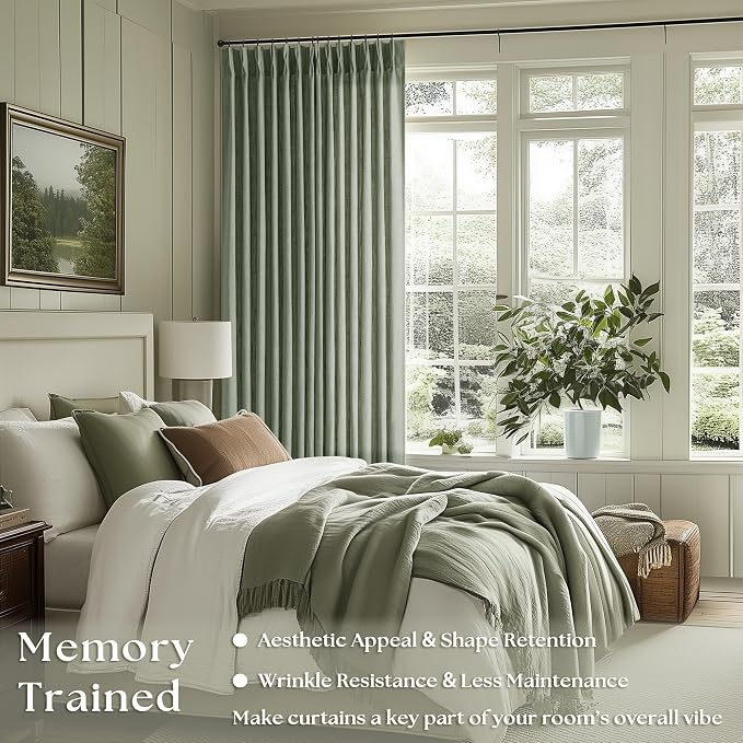 Pinch Pleated Sage Green Thick Linen Curtains 96 Inch Length 2 Panels Set | - Image 2