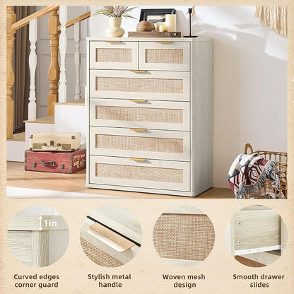 LEYAOYAO White Dresser for Bedroom Set of 2, Modern 6 Drawers Boho Rattan - Image 7