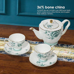 ACMLIFE Bone China Tea Cups and Saucers for 1, 6.8 oz Teacup Set for Adults, with Gold Trim and Gift Box, Blue and White Chinese English British Wedding Tea Set for One Coffee Cup Set (Blue-Leaf)