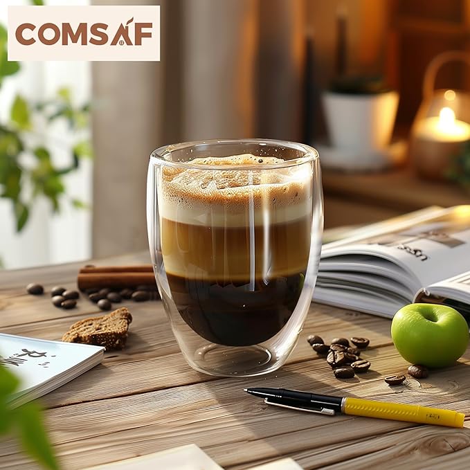ComSaf Glass Coffee Mugs Set of 6, Double Wall Insulated Thermal Cups 12oz, Clear Glass Coffee Cup for Tea/Juice/Milk, Latte Cappucino Espresso mug Glassware Gift for Christmas Birthday
