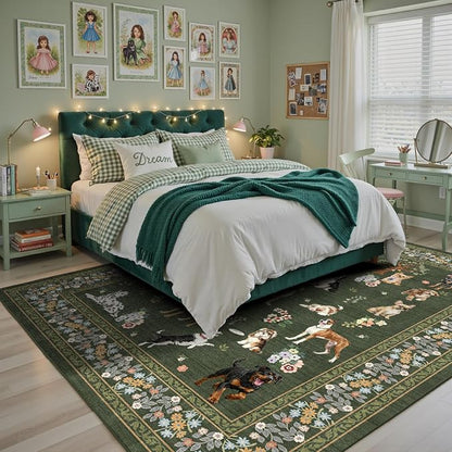 Dark Green Area Rug 5x7 for Living Room Bedroom | Ultra-Thin;Boho Style; Non - Image 5