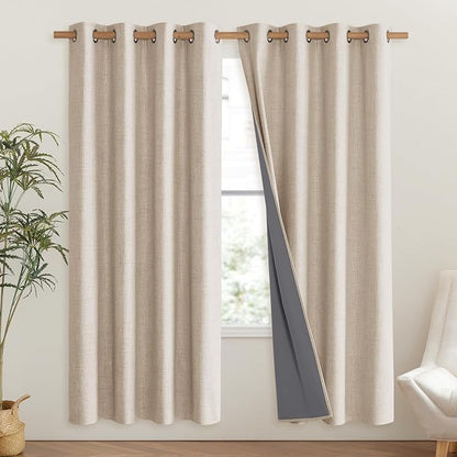 NICETOWN Cream Bedroom Full Blackout Linen Curtain Panels Set of 2, Thick - Image 2
