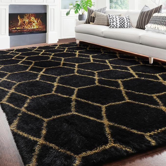 5x7 Area Rugs for Living Room Bedroom, Fluffy Black and Gold Geometric Rug | - Image 5