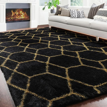 5x7 Area Rugs for Living Room Bedroom, Fluffy Black and Gold Geometric Rug | - Image 5