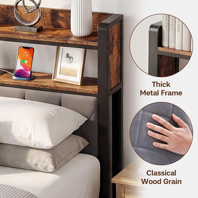 King Size Bed Frame with Charging Station, King Bed Frame with Upholstered - Image 4