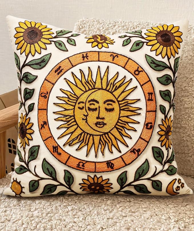 Embroidered Throw Pillow Cover 18x18 Inch, Sunflower Moon | Decorative Pillow by Kokaaee