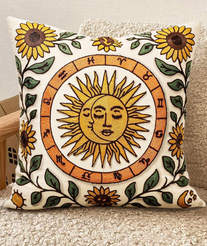 Embroidered Throw Pillow Cover 18x18 Inch, Sunflower Moon | Decorative Pillow by Kokaaee
