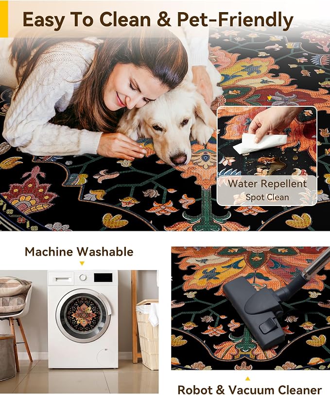 RELEANY Washable Area Rug, Round 5ft, Water Repellent, Pet Friendly, Vintage - Image 5