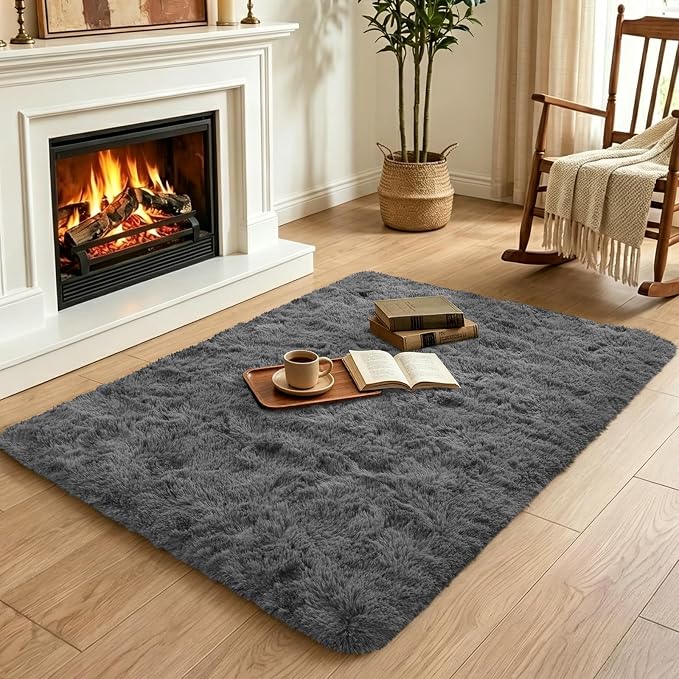 2x3 Dark Grey Fluffy Soft Area Rug Non-Slip - Image 4