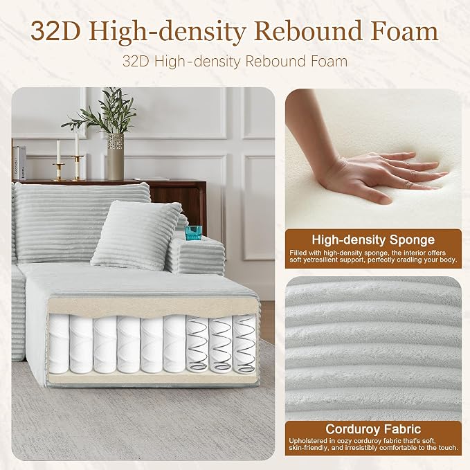 134 Inch Modular Sectional Sleeper Sofa, Boneless Cloud Couch - Image 3