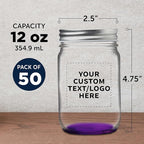 DISCOUNT PROMOS 50 Decorating Mason Jars Set, 12 oz. - Customizable Text, Logo - Canning, Aluminum Lid - Purple