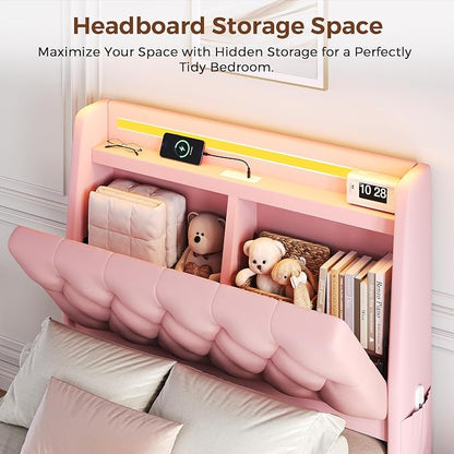 Twin LED Velvet Bed Frame with 2 Storage Drawers&Hidden Headboard, Upholstered - Image 4