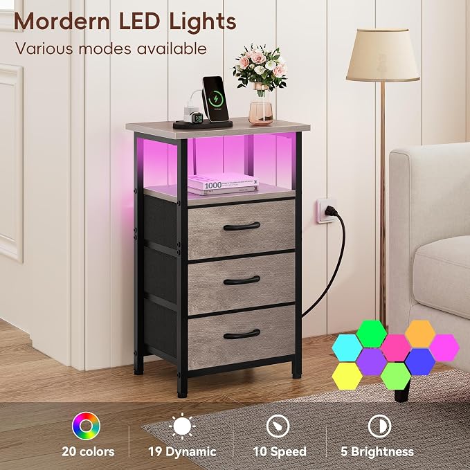 Vagusicc Night Stand with Charging Station, LED Nightstand - Image 4