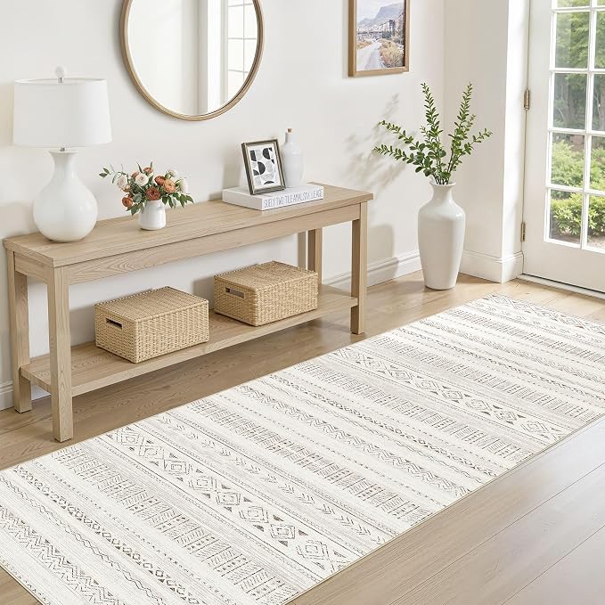 cotiled Hallway 2.6x8 Runner Rugs Washable Boho Rug Brown/Cream | Stain - Image 2