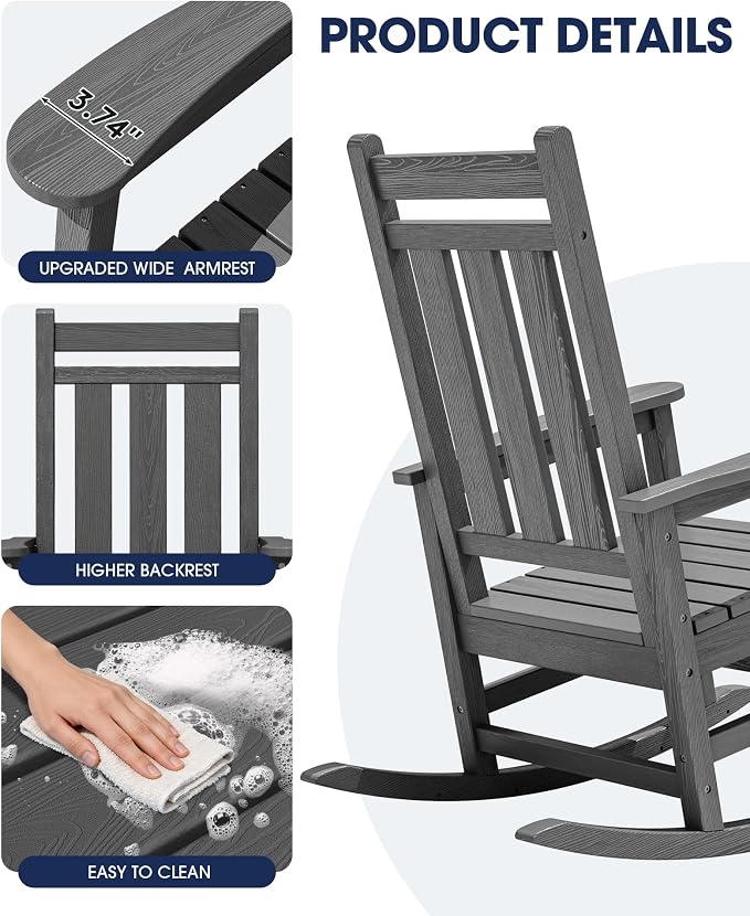 KINGYES Oversized Outdoor Rocking Chair, All-Weather Patio Rocking Chairs - Image 9