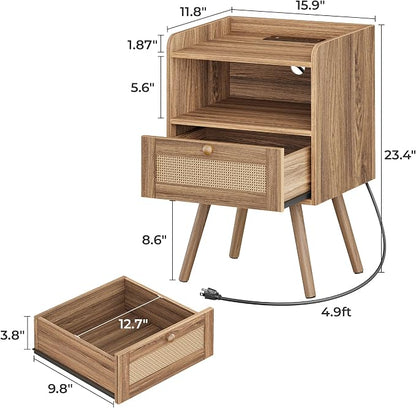 SUPERJARE Nightstand with Charging Station & Rattan-Like Decor Drawer, Rattan - Image 3