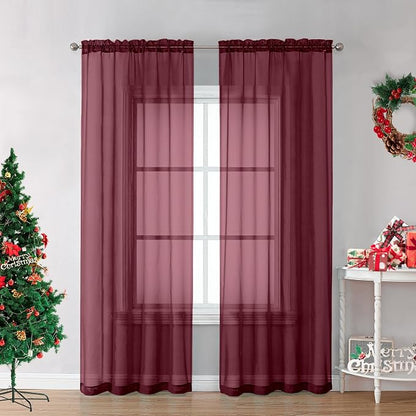 Burgundy Sheer Curtains 84 inch Length 2 Panels Set, Light Filtering Sheer by OVZME
