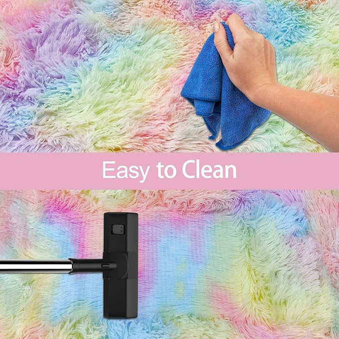 Fluffy Rainbow Rug for Girls Bedroom 3x10 Feet Kawaii Tie Dye Area Rug Colorful - Image 7