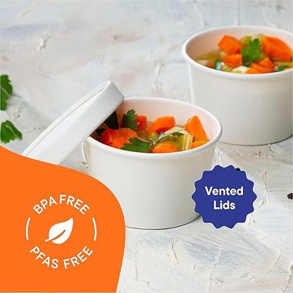Stack Man Paper Food Container with Lid, Insulated Food Cups with Vented Lids - Hot or Cold To Go Soup Cup, for Soups, Ice Cream and Yogurt - Eco-Friendly - White