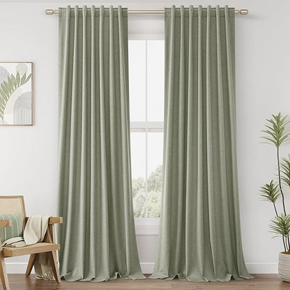 Sage Green 100% Blackout Linen Curtains 120 Inch Length 2 Panels Set by Guken