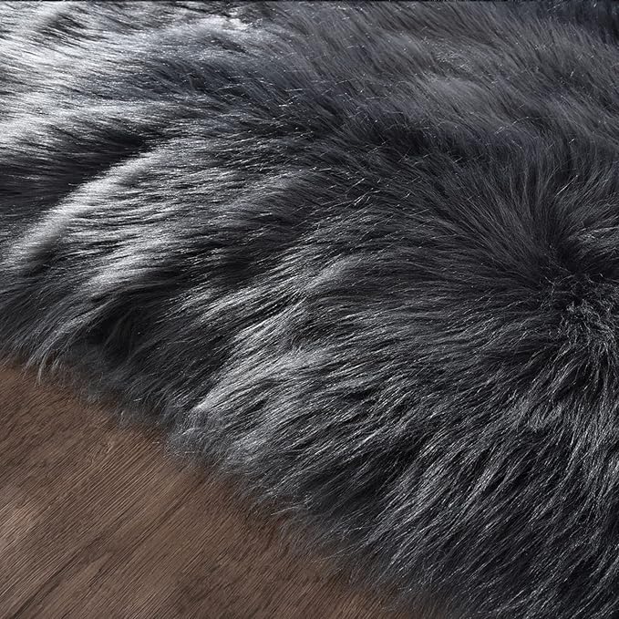 Latepis Dark Grey Round Rugs 5ft Faux Sheepskin Fur Rug - Image 6