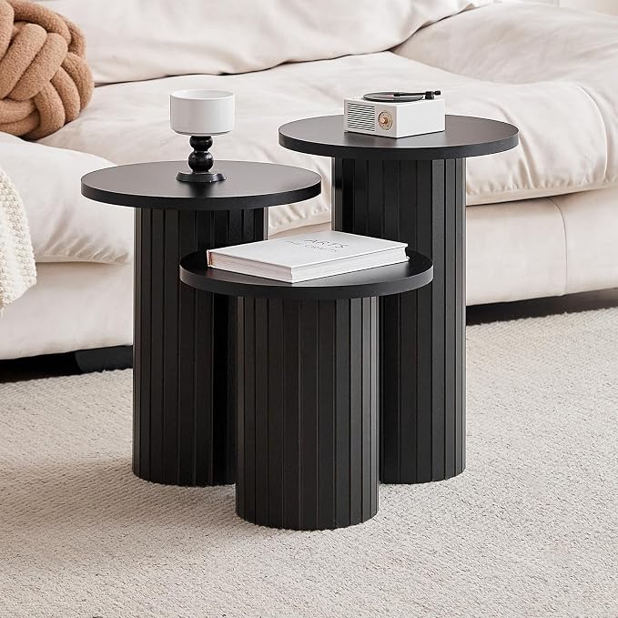 Round Side Tables Set of 3, Circle Modern Fluted Nesting Coffee Table, Accent by Euphpivigy