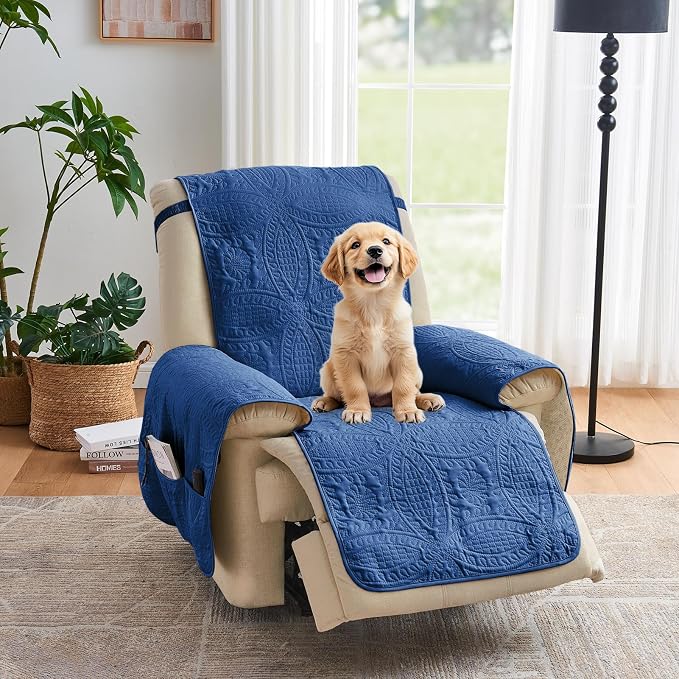 Large Blue Recliner Chair Covers, Quilted Décor Water-Repellent Lazy Boy Chair by Pamhaven