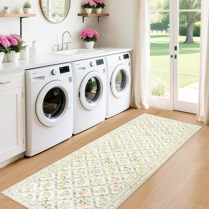 PLHXFR 2x5 Washable Runner Rug：Floral Indoor Kitchen Carpet Beige Multi | - Image 4