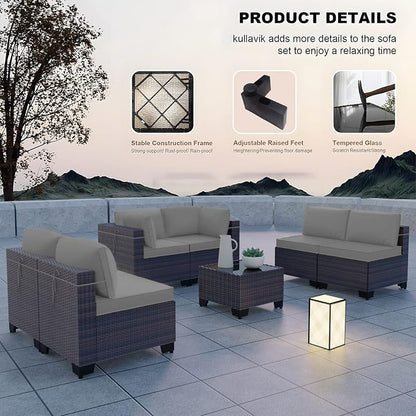 Kullavik 7 Pieces Outdoor Patio Furniture Set, Sectional Rattan Sofa Set Brown - Image 5