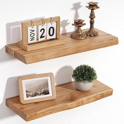 Floating Shelves for Wall Decor, Rustic Solid Elm Wood Live Edge Floating by FLYJOE
