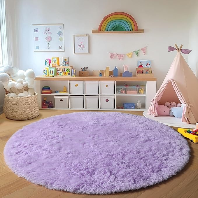 Light Purple Round Rugs 6ft for Living Room Bedroom, Fluffy Circle Area Rug for by ONASAR