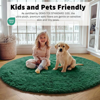 Dark Green Round Area Rug 4ft, Soft Bedroom Circle Rugs - Image 3
