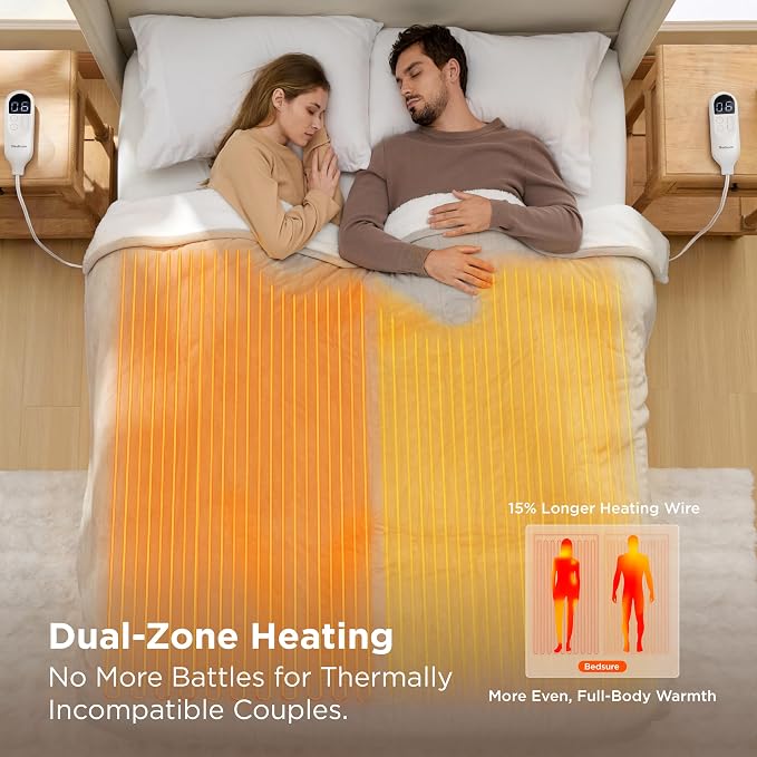 Bedsure Heated Blanket King Size, Dual Control Electric Blanket, Cream | - Image 3