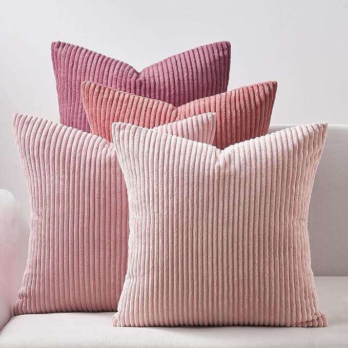 Topfinel Pink Throw Pillow Covers 12x12 Inch Set of 4, Soft Farmhouse Corduroy by Topfinel