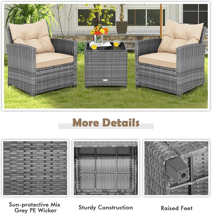 COSTWAY 3PCS Patio Furniture Set, PE Rattan Wicker Sofa w/Washable Cushion and - Image 7