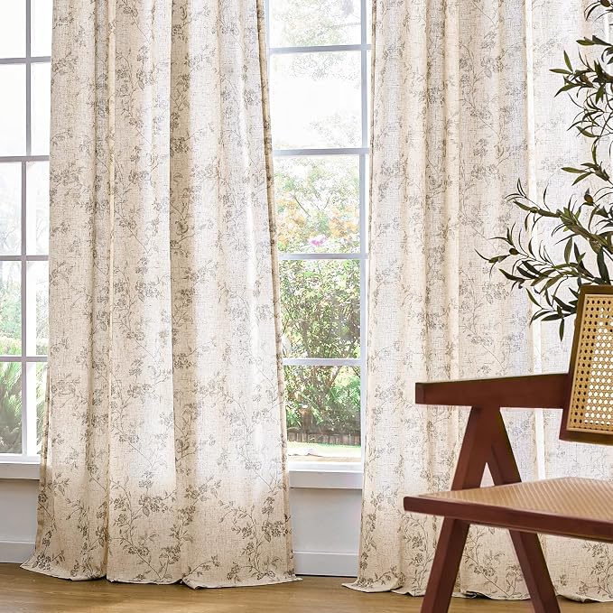 Grey Vintage Floral Linen Curtains Farmhouse 50W X 63L 2 Panels | Elisa Series - Image 7
