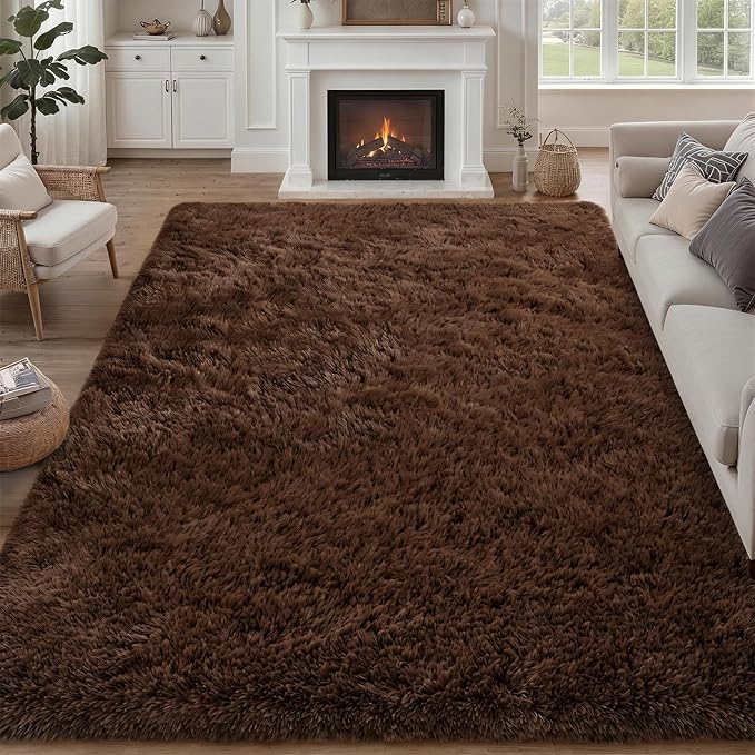 9x12 Area Rug Living Room Bedroom: Fluffy Plush Shag Carpet Brown | by Luxturiy