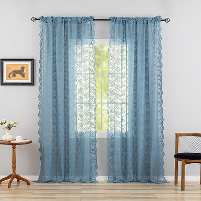 YJ YANJUN Vintage Lace Curtains 72 Inches Long 2 Panels Antique Boho Slate Blue - Image 3