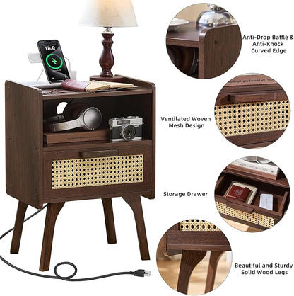 Lerliuo Rattan Nightstand with Charging Station, Walnut Bedside Table with - Image 7