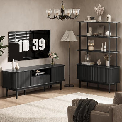 MAISONARIA 63" Black TV Stand, Fluted Entertainment Center - Image 7