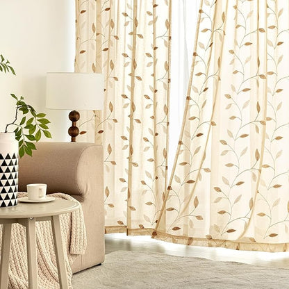 MIULEE Khaki Sheer Curtains 2 Panels Embroidered Leaf Patterned, W52 x L84 | - Image 3