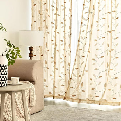 MIULEE Khaki Sheer Curtains 2 Panels Embroidered Leaf Patterned, W52 x L54 | - Image 3