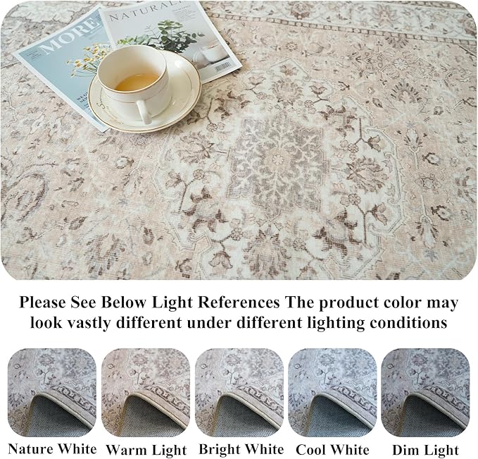 Living Room 8ft Square Area Rug: Machine Washable Large Vintage Soft Rug Stain - Image 5