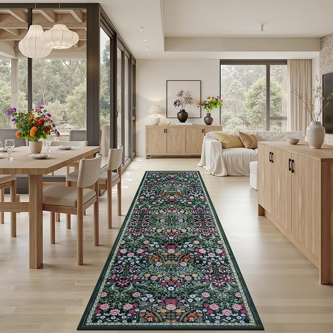 PLHXFR 2.6x10 Washable Runner Rug：Floral Indoor Kitchen Carpet Dark Green | - Image 4