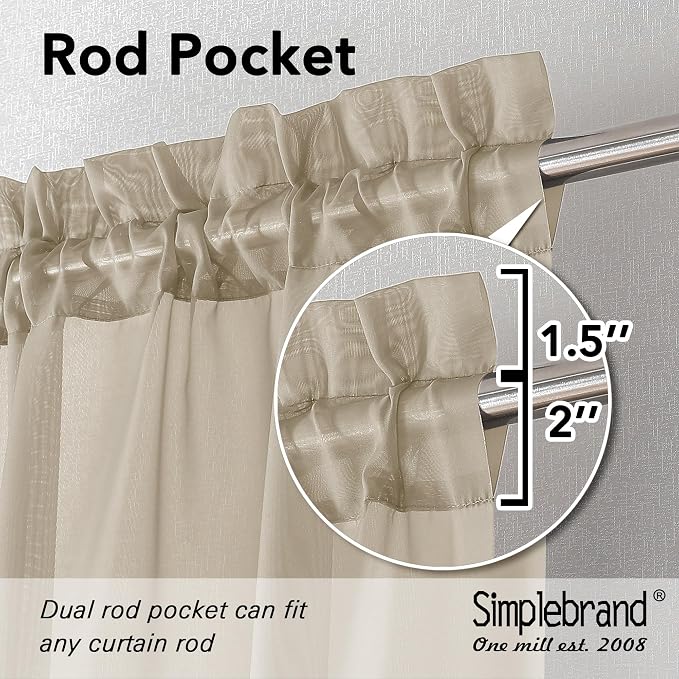 Simplebrand Taupe Sheer Curtains 63 Inch Length 2 Panels, Rod Pocket Solid - Image 2
