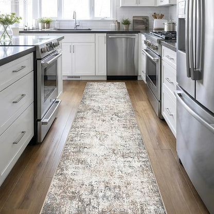 2.6x14 Washable Runner Rug:Modern Abstract Indoor Soft Carpet Brown | - Image 2