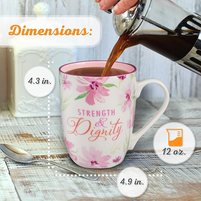 Christian Art Gifts Inspirational Ceramic Coffee & Tea Scripture Mug for Women: Strength & Dignity Encouraging Bible Verse, Microwave & Dishwasher Safe Novelty Drinkware, White & Pink Floral, 12 oz.